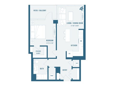 Floor plan for 1 bed, 1 bath, 592 sqft